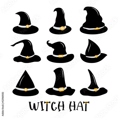 Set of black witch hats with belt. Different forms. Vector illustration. Flat design
