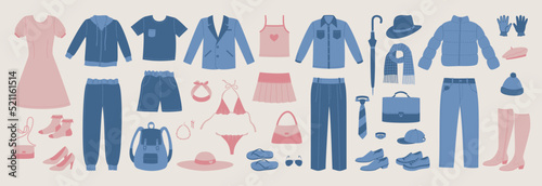 Set of vector wardrobe of clothes illustrations. Stylish fashion garments icons. Collection of womenswear and menswear fashionable style elements.