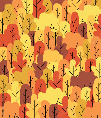 Poster hello autumn. Autumn forest. Nature, park, hills and fields,  landscape with trees and plants, sky with clouds and falling leaves. Vector illustration.