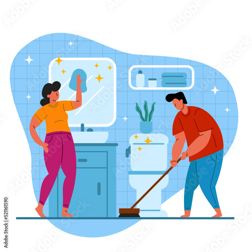 Woman Cleaning the Mirror and Man Brushing the Bathroom Floor