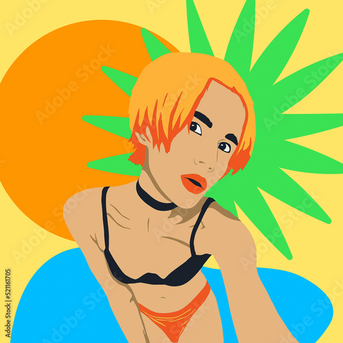 Fashion minimal illustration. Stylish Beach Girl.  Surf, ocean, palm concept