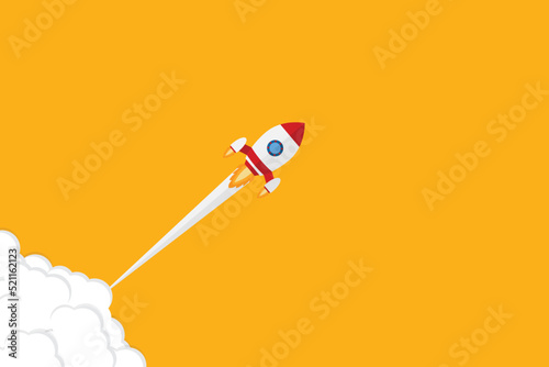 App launch. Startup vector concept, flat cartoon rocket or rocketship launch, mobile phone or smartphone, idea of successful business project start up, boost technology, innovation.	