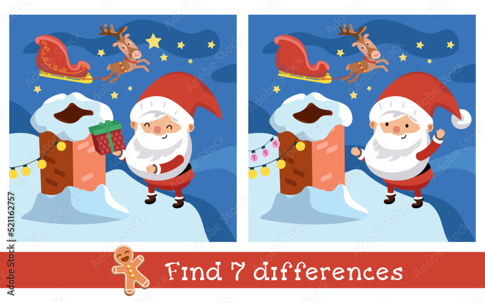 Find 7 differences. Game for children. Cute Santa Claus with gift near brick chimney on roof on Christmas night. Vector illustration. Find 7 differences. Game for children. Cute Santa Claus with gift near brick chimney on roof on Christmas night. Vector illustration.