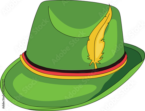 Tyrolean hat vector stock illustration. bavarian hat icon over white background. A headdress worn in parts of Austria, Germany, Italy and Switzerland. Green felt. Isolated on a white background.