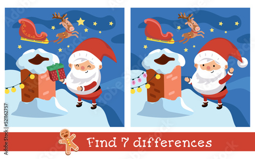 Find 7 differences. Game for children. Cute Santa Claus with gift near brick chimney on roof on Christmas night. Vector illustration.