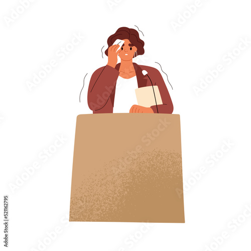 Fear of public speech. Nervous shy person sweating behind tribune podium. Frightened woman with anxiety, phobia during speaking to audience. Flat vector illustration isolated on white background photo