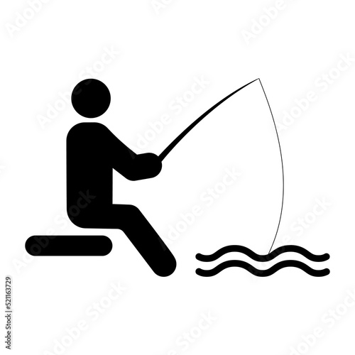 Fisherman with Fishing Rod on Coast River Black Silhouette Icon. Fisher Man Bait Lake Fish Glyph Pictogram. Summer Outdoor Sport Person Activity Recreation Flat Symbol. Isolated Vector Illustration