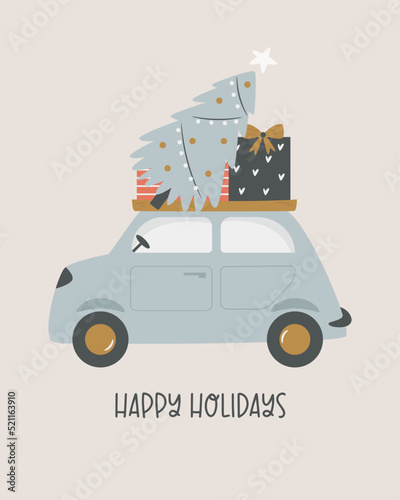 Christmas holiday card with vintage car, tree and gifts