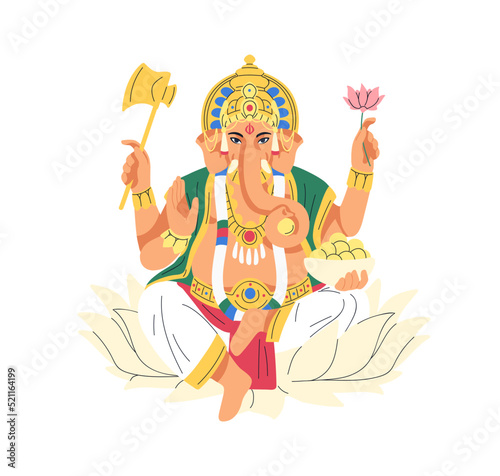 Indian god Ganesha with elephant head. Divine Hindu lord of luck, wisdom. Ganapati deity from India, Hinduism. Ancient divinity sitting on lotus. Flat vector illustration isolated on white background