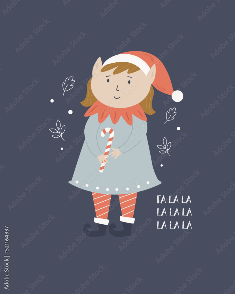 Christmas holiday card with funny elf girl in a winter hat. Christmas holiday card with funny elf girl in a winter hat.