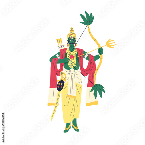 Kamadeva, Indian god of love and desire. Kama, Hindu divine archer character with bow and arrows. Hinduism deity statue. Ancient India divinity. Flat vector illustration isolated on white background