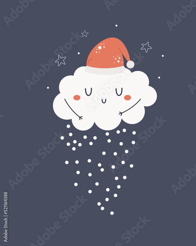 Fototapeta Christmas holiday card with cute snowing cloud in a santa hat.