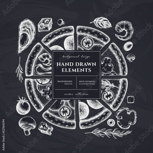 Pizza square card or invitation design. Frame design with greek, margherita, pepperoni, veggie, ham and mushrooms and seafood pizzas.