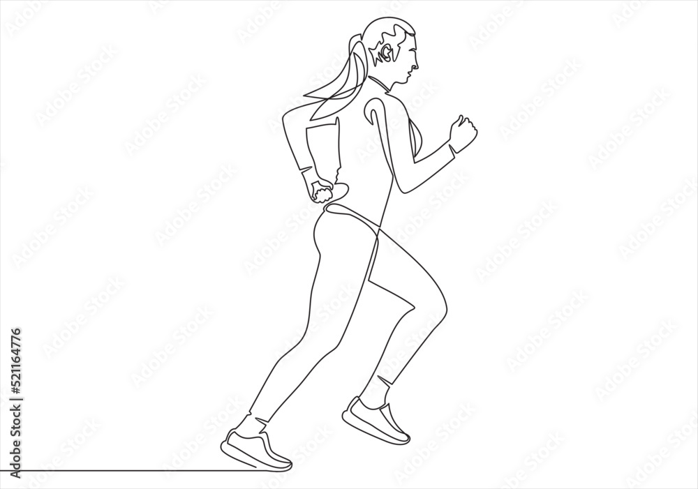 Continuous line drawing. Sport running woman on white background. Vector illustration