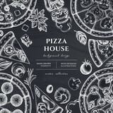 Pizza hand drawn illustration design. Background with chalk greek, margherita, pepperoni, veggie, ham and mushrooms and seafood pizzas.