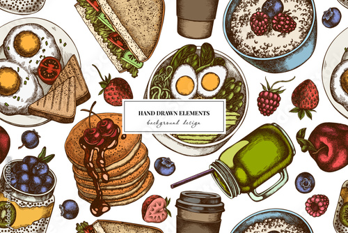 Breakfast seamless pattern background design. Engraved style. Hand drawn sandwich, pancakes, bowl with avocado, porridge with berries, chia pudding, fried eggs, raspberry, blueberry, strawberry