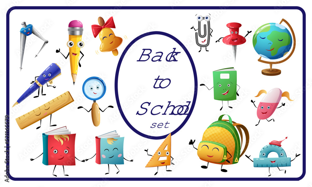 Naklejka premium Set of school items characters. Cartoon funny personages of supplies include books, backpack, pen, pencil, globe, bell, ruler, notebook, magnifier etc. Cute kawaii vector education elements for design