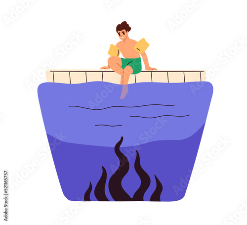 Water phobia, aquaphobia concept. Anxious stressed person afraid of swimming in pool, overcoming fear of depth, sinking. Psychology disorder. Flat vector illustration isolated on white background photo