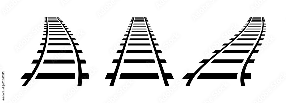 Vector illustration of curved railroad isolated on white background. Straight and curved railway train track icon set. Perspective view railroad train pathes. 
