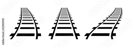 Vector illustration of curved railroad isolated on white background. Straight and curved railway train track icon set. Perspective view railroad train pathes. 
 photo