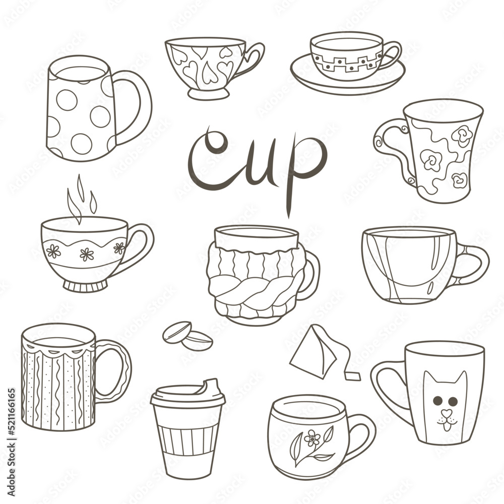 Fototapeta premium contour drawings, cup set for tea and coffee
