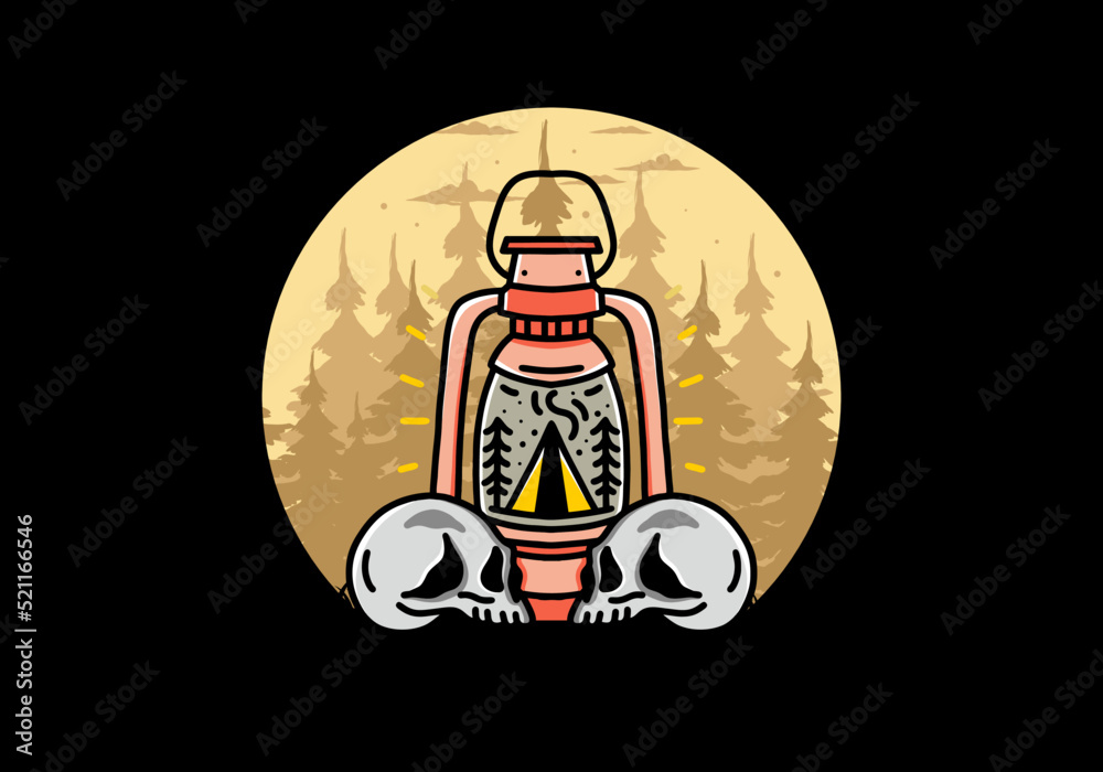 Obraz premium Outdoor lantern with triangle camping tent and two skull illustration