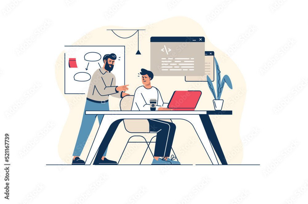 Fototapeta premium Software developers concept in flat line design with people scene. Men working as programmists at IT company, programming and creating code, testing and optimization apps. Vector illustration for web