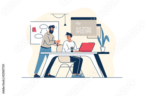 Software developers concept in flat line design with people scene. Men working as programmists at IT company, programming and creating code, testing and optimization apps. Vector illustration for web