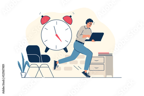 Deadline concept in flat line design with people scene. Worried man in hurry to finish paperworks and runs around office with laptop, job overload and stress pressure. Vector illustration for web