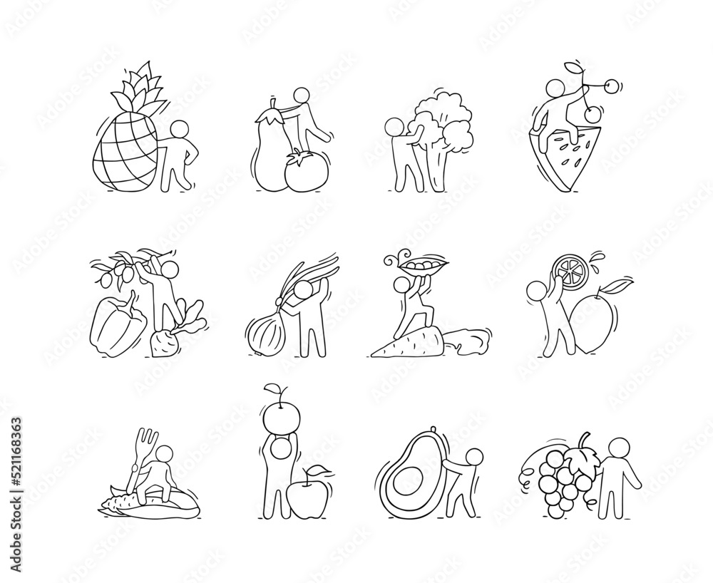 Fresh food, fruit and vegetable set with people Fresh food, fruit and vegetable set with people