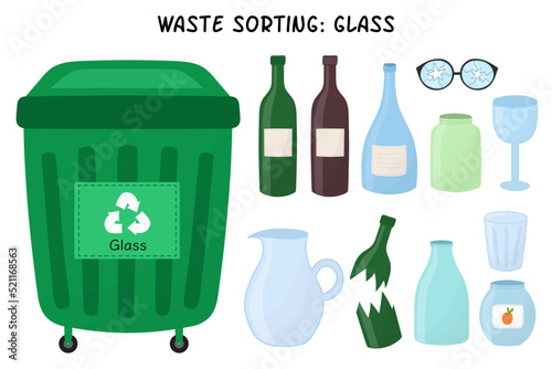 Glass garbage sorting set. Green trash can for glass waste with bottles and tableware. Separating and recycling objects collection. Vector illustration photo