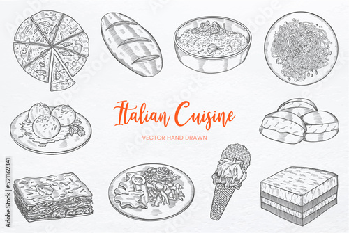 Italy Food Cuisine set collection with hand drawn sketch vector