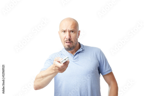 Caucasian adult man with a tv controller isolated on white background.