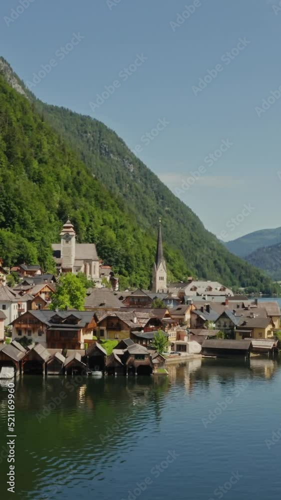 Panoramic view of the Hallstatt, located on the lake at the foot of mountains Panoramic view of the Hallstatt, located on the lake at the foot of mountains