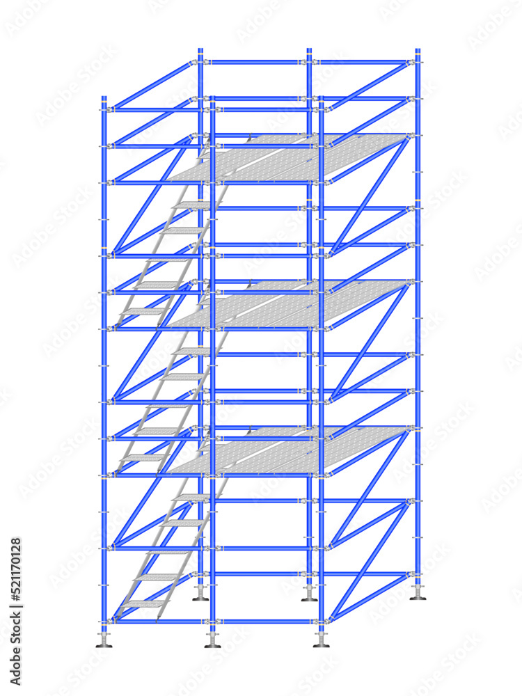 Mobile scaffolding, white background, used in construction areas.