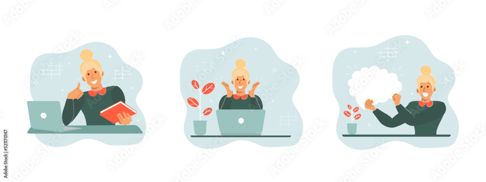 Chatting business women set. Modern yong women communicate with their colleagues. student girl. Vector set
