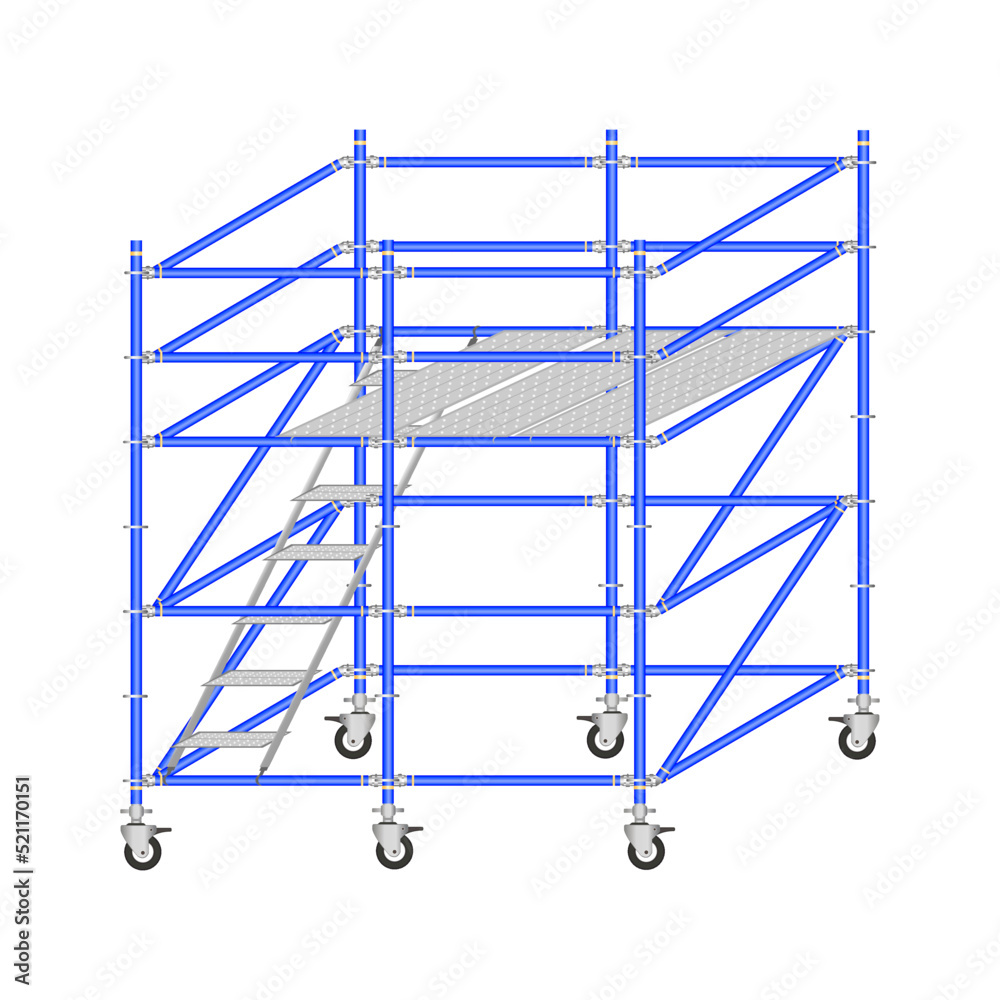 Mobile scaffolding, white background, used in construction areas.
