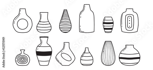 Set of modern vases. Vases for flowers. Doodle style. Home decor collection. Vector illustration.