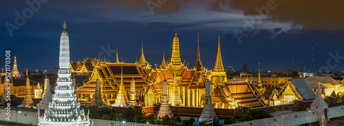 Panorama of "The Temple of the Emerald Buddha" at dusk, Wat Phra Kaew (Thailand)