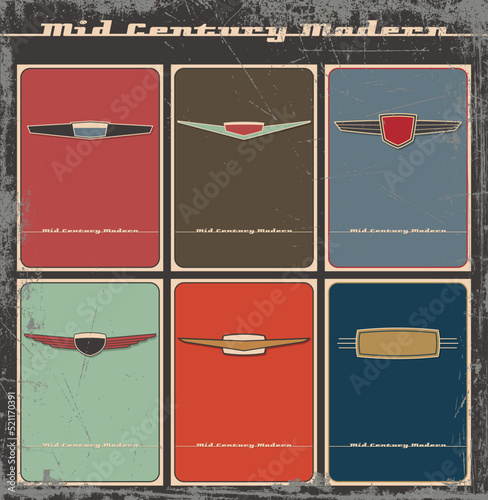 1950s Modern Style Retro Labels Posters Set. Emblem Retro Design Grunge Backgrounds