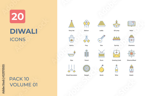 Diwali icons collection. Set contains such Icons as online Indian culture, Diwali colors, and more photo