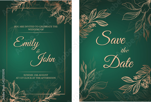 Luxury wedding green ivitation card design. Save the date floral vector illustration for marriage  with golden leaves