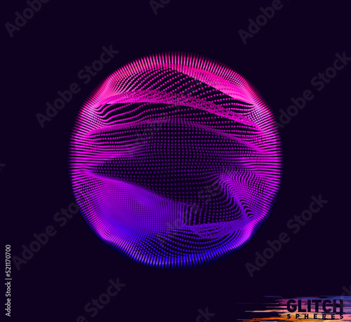 Corrupted violet point sphere. Abstract vector colorful mesh on dark background. Futuristic style card.