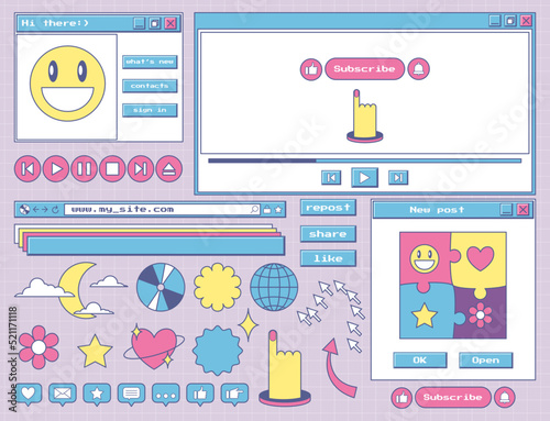 A set of stickers and icons in retro aesthetics old computer style. User interface elements, dialog boxes, player buttons. Nostalgic Y2K design objects for web and social networks. Vector illustration