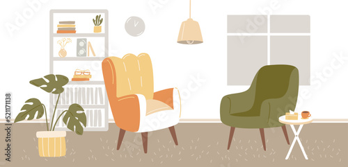 Fototapeta Naklejka Na Ścianę i Meble -  Psychologist cabinet, cozy room with two comfy chairs, paper tissues, bookcase and monstera homeplant. Horizontal vector illustration