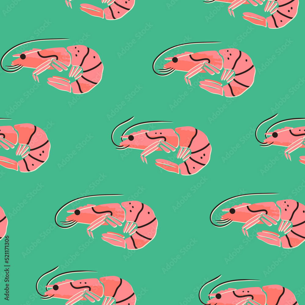 Hand drawn Shrimps. Seafood shop, restaurant menu, fish market, banner, fabric, textile print, poster design template. Fresh shellfish products. Trendy Vector illustration. Square seamless pattern