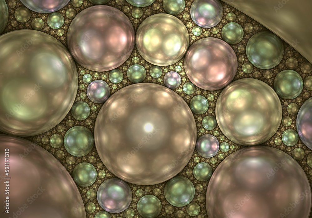 Abstract fractal art background pattern of infinitely repeating spheres or pearls.