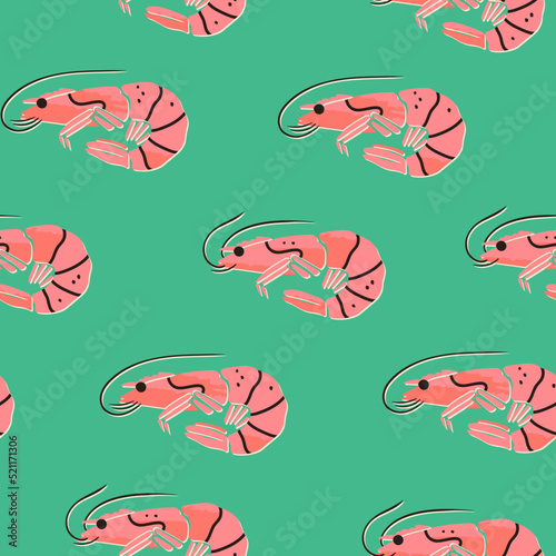 Hand drawn Shrimps. Seafood shop, restaurant menu, fish market, banner, fabric, textile print, poster design template. Fresh shellfish products. Trendy Vector illustration. Square seamless pattern