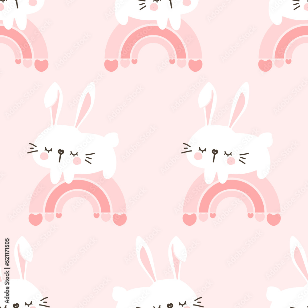 Fototapeta premium Seamless pattern with bunny rabbit cartoons and rainbows on pink background vector.