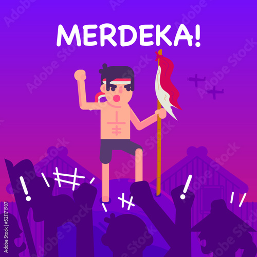 A Man With Flag Giving Encouragement To The People, Indonesia Independence Day Vector Cartoon Illustration
